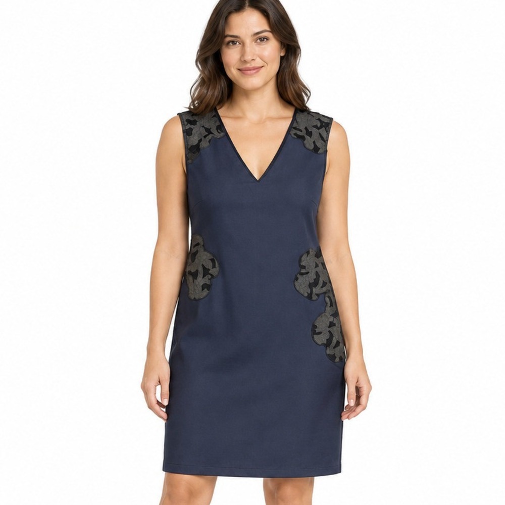 Mark Navy Blue Sleeveless V-Neck Shift Dress Faux Leather Applique XL